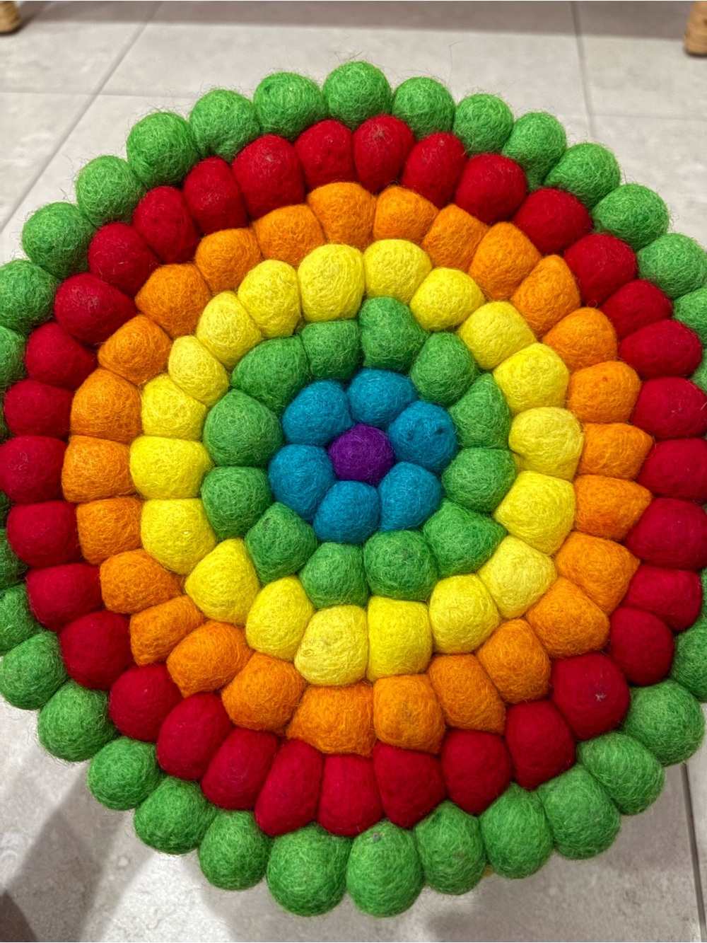 Colorful Felt Ball Round bowl - Rainbow Concentric Design
